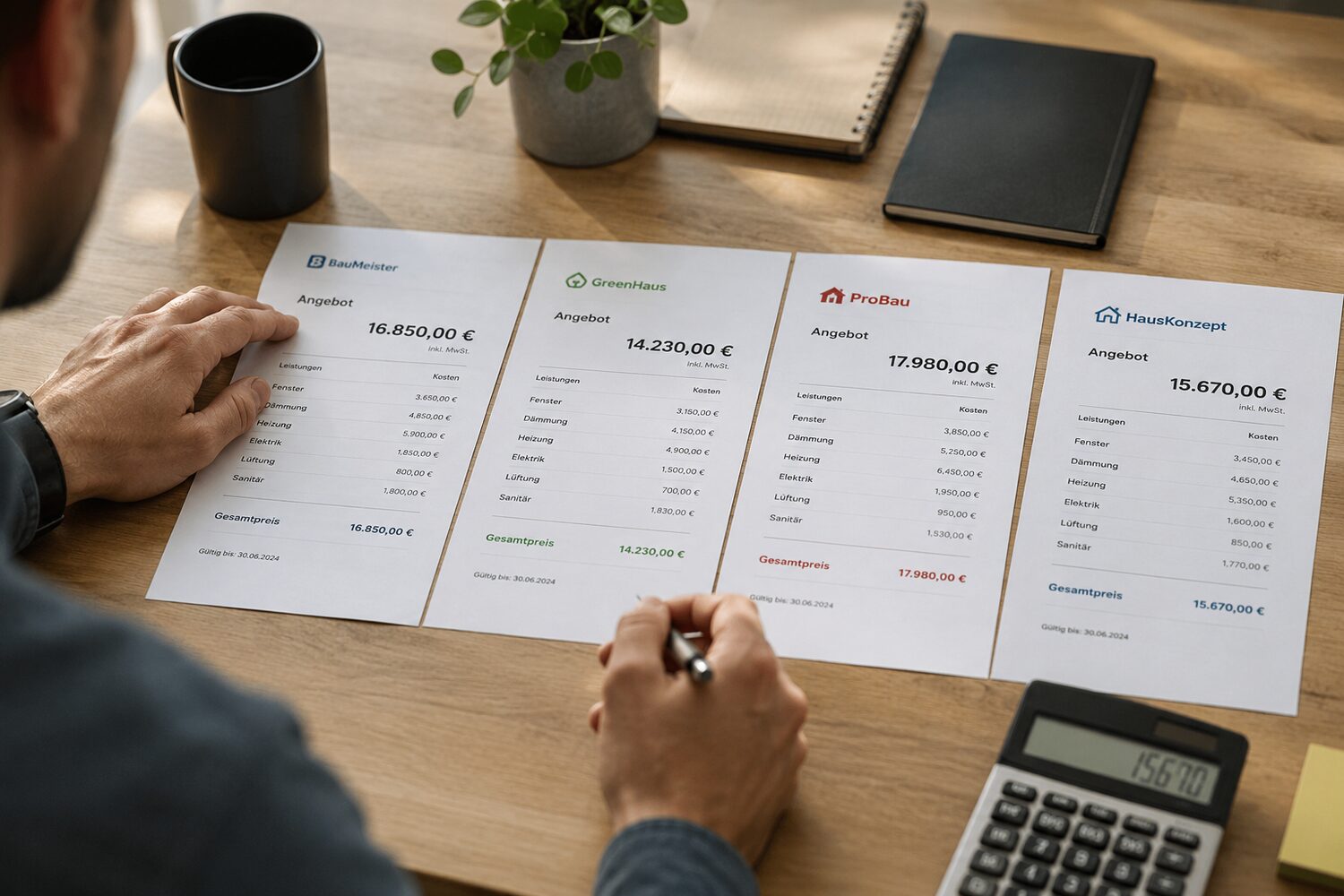 Vier Handwerkerangebote im direkten Vergleich auf dem Schreibtisch