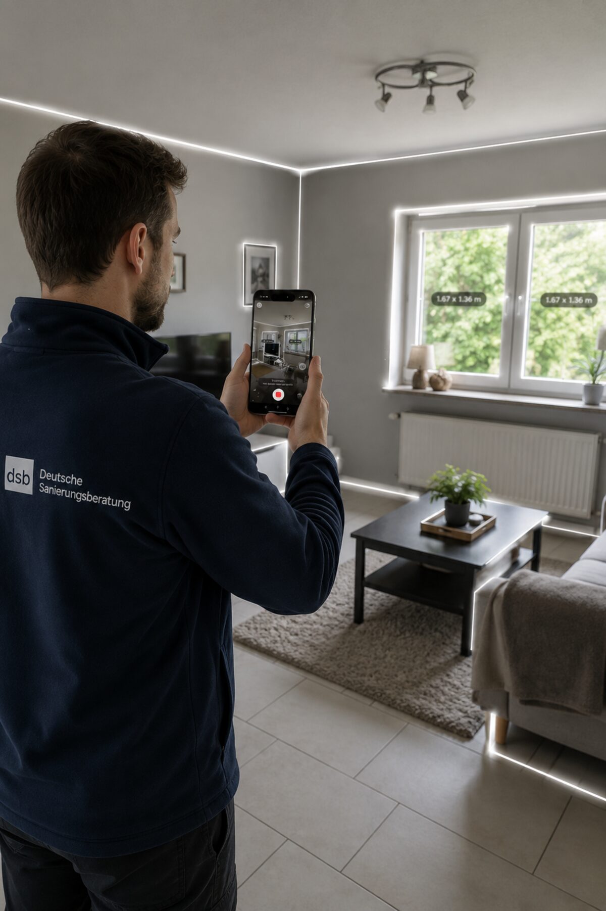 Energieberater der dsb erfasst eine Wohnung digital per Smartphone