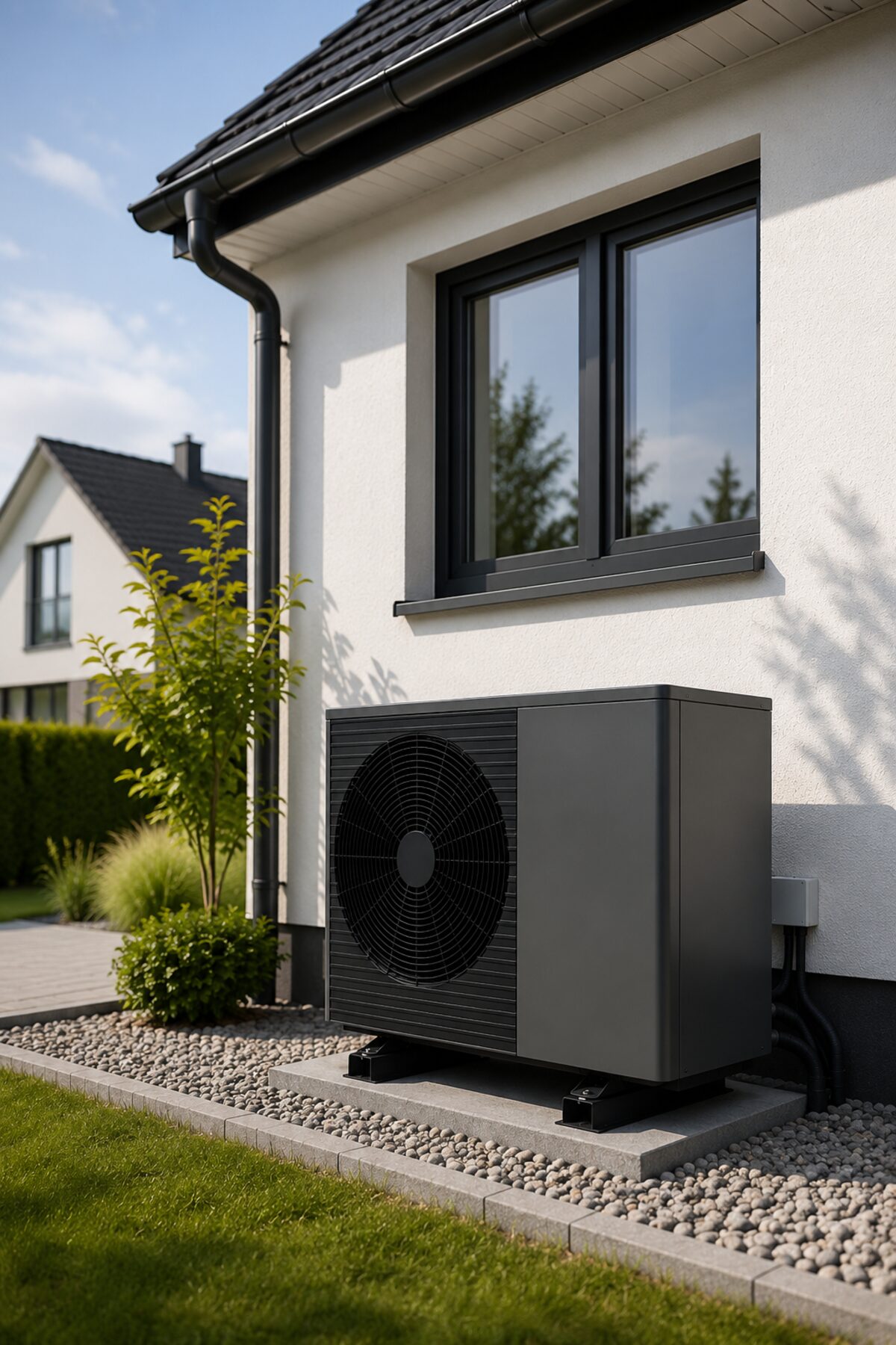 Moderne Wärmepumpe an einem energetisch sanierten Einfamilienhaus