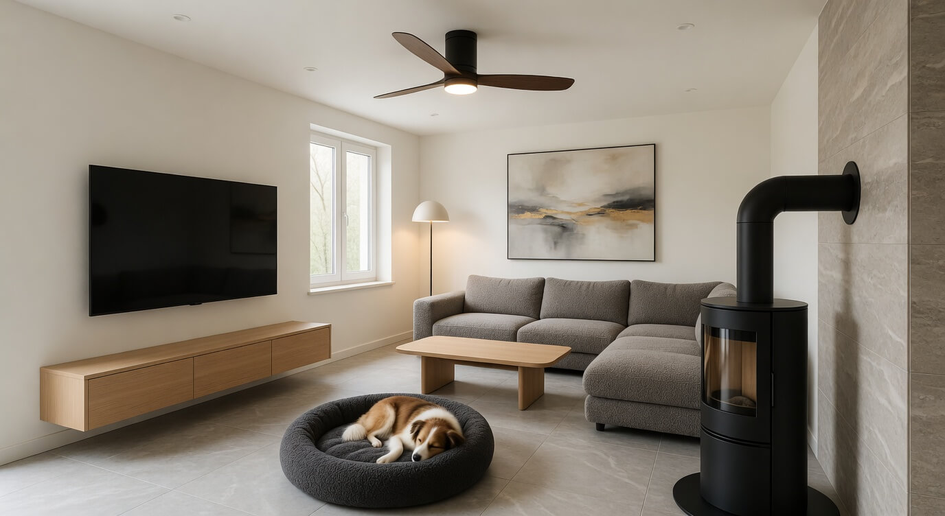 Wohnzimmer nach KI-Staging — modern eingerichtet